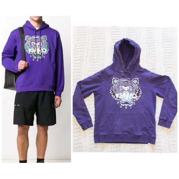 KENZO Paris Embroidered Tigger Purple Hoodie Y2K Sweater Size M Retro Cotton - Picture 1 of 9